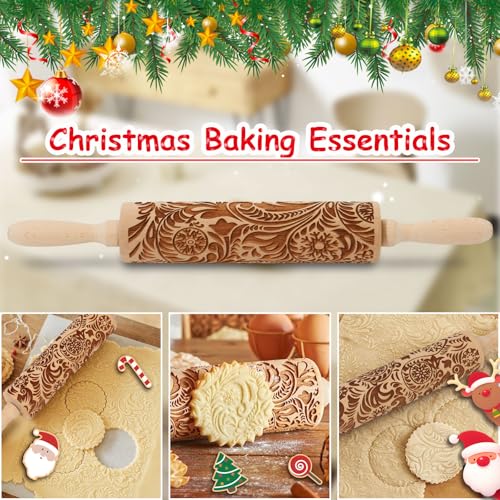 Embossed Rolling Pin for Baking Cookies Christmas Embossing Rolling Pins with Design Wooden Engraved Springerle Roller Pin Dough Patterned Clay Pottery Ceramic Bakers Women (Flower Snowflake Paisley) - color: Paisley Flower