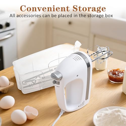 450W Electric Hand Mixer, 5-Speed Handheld Mixer with Storage Case, Turbo & Eject Button, Includes 2 Beaters & 2 Dough Hooks for Baking, Cake, Egg, Cream (White)