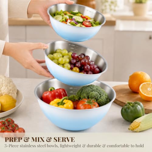Blue Gradient Mixing Bowls with Measurements, 3-Piece Set - color: Blue Gradient