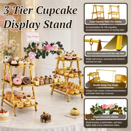 Metal 3 Tier Cupcake Stand with Fairy Lights, Flower Garland,Gold - color: 2-Gold