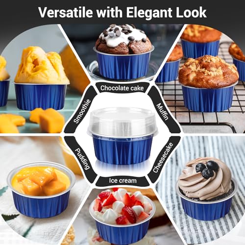 EUSOAR Cupcake Cups with Lids, 5oz 50pcs Disposable Desserts Flan, 3.34"x2.59"x2.35" 125ml Baking Cups with Lids, Aluminum Foil Desserts Cupcake Flan, Catering Gathering Shower Favor-Royal Blue - color: Royal Blue, size: 50pcs