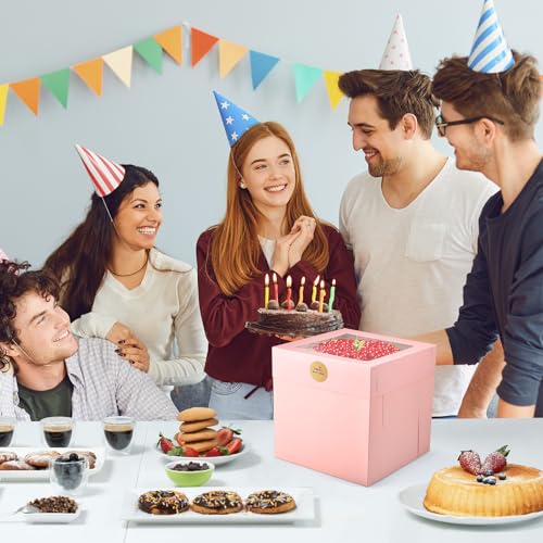 12Pcs Cake Boxes, 10x10x10 Inches Tall Cake Boxes with Window, Pink - color: Pink, size: 10x10x10inch