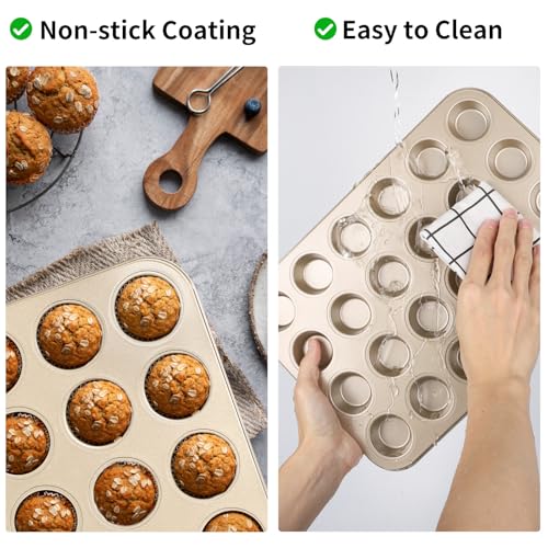 Beasea Nonstick Mini Muffin Pan 24 Cups, 2 Pack 24 Mini Small Tiny Cup Non Stick Muffin Baking Pan Tin Tray Carbon Steel Bakeware Individual Cupcake Baking Pan - Gold - color: Gold Muffin Mini 24 Cup