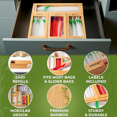 Bamboo Storage Bag Organizer for Kitchen Drawer, Plastic Baggie Organizer - style: Modular Blocks