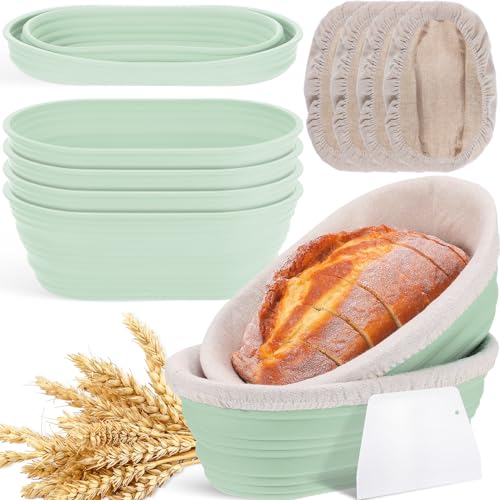 Nuogo 4 Pack Oval Bread Proofing Basket Silicone 10 Inch Collapsible,Green - color: Green