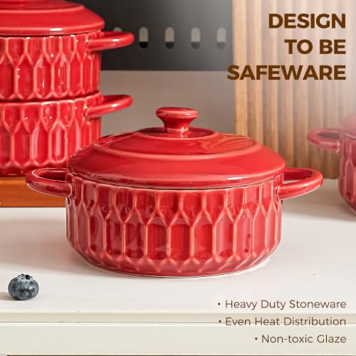 Mini Cocotte Set of 4, 14 oz Ceramic Casserole Dishes with Lids - color: Cherry Red