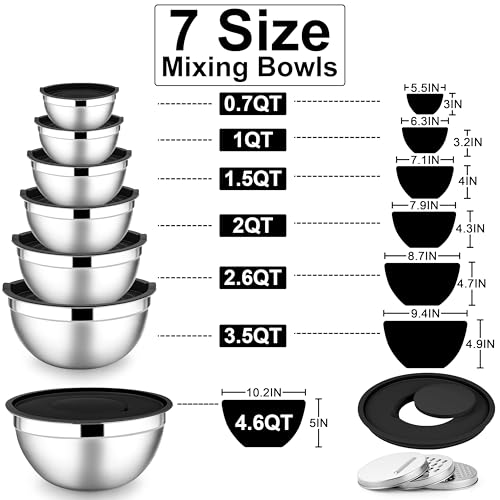 E-far Stainless Steel Mixing Bowls, 7PCS Mixing Bowls with Airtight Lids - color: Black, size: 7 Regular Sizes