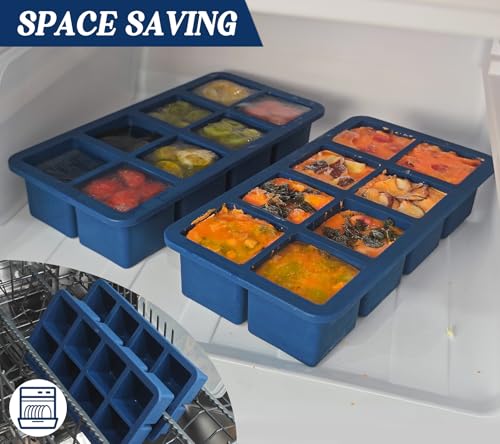 Webake 1/2 Cup Silicone Freezer Tray with Lids, 8-Grid Square Ice Cube Mold, Ideal for Prep & Portion, Large Ice Cube, Storage Soup, Snack, Broth, Leftovers, Pack of 2 - color: Dark Blue