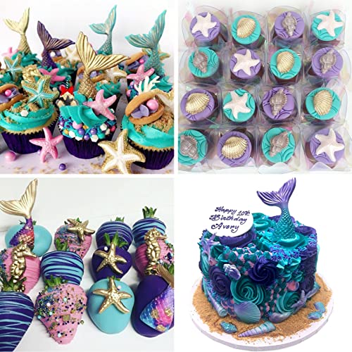 SAKOLLA Mermaid Theme Silicone Fondant Mold - Mermaid Tail Seashell Starfish Hippocampus Conch Silicone Mold for Under The Sea Cake Decoration, Gum Paste, Polymer Clay, Cupcake Decor, Sugar Craft - color: Mermaid Theme 3 Pcs/Red