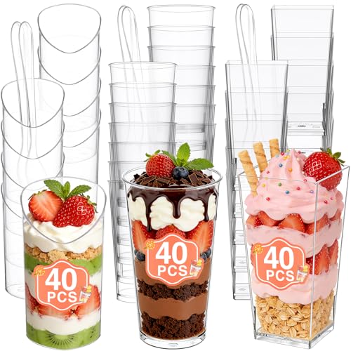 Eupako 120 Pack 3 oz Plastic Dessert Shooter Cups Assorted Shape - 40 Slanted 40 Round 40 Square Mini Clear Appetizer Cup, Small Dessert Cup for Jello Shots, Parfait, Puddings, Mousse - style: Round & Square & Slanted - 3 oz - 120 Set