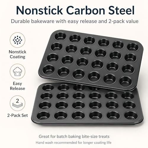 Kingrol 2 Pack Petite Mini Muffin Pan, 24-Cup Nonstick Carbon Steel Mini Cupcake Pan, Bite-Size Muffin Tin for Brownie Bites, Egg Bites, Candy and Mini Desserts