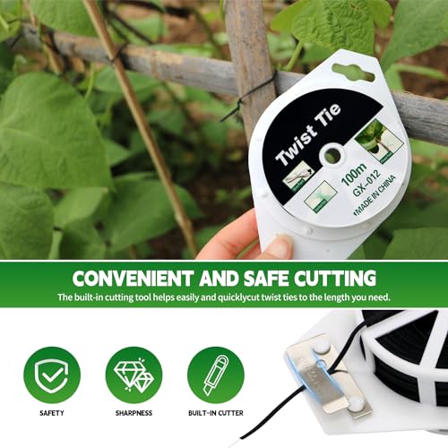 (2 Reels) Garden Wire, Twist Ties Heavy Duty with Cutter 328 Ft Multi-Function Black Coated Tape to Support Plant Tie Up Bags for Home Office Black(328 Feet / 100 m) - color: Black