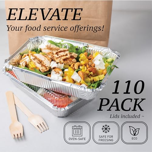 (110 Pack) 2.25LB Aluminum Containers with Lids 8.5"x6" - Disposable Foil Pans for Takeout, Baking, Freezing, Food Storage - Aluminum Pans, To Go Containers with Plastic Lids - size: 2.25 LB - 110 Pack