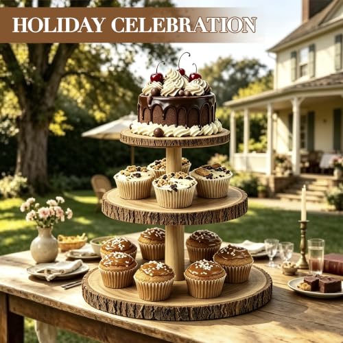 3-Tier Round Wooden Cupcake Stand, Rustic Natural Bark Wood Dessert Display Tower Platter for Wedding, Birthday, Baby Shower, Tea Party & Farmhouse Party Buffet