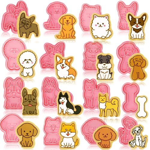16 Pcs Dog Cookie Cutters with Plunger Stamps Set 3D Puppy Bone Shape Biscuit Cutter Funny Cartoon Cookie Stamps Stamped Embossed Dog Cookie Cutters for Treats DIY Cookie Cake Baking Supplies