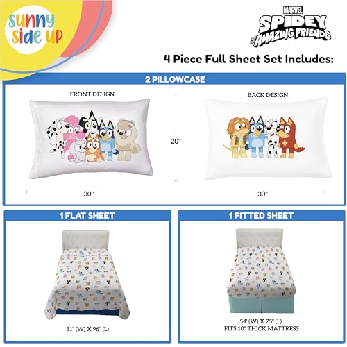 Sunny Side Up Bluey & Friends Full Sheet Set - 4 Piece Kids Bedding Set Includes Pillow Cover - Super Soft Microfiber Sheets - color: White - Bluey, size: 4 Piece Full