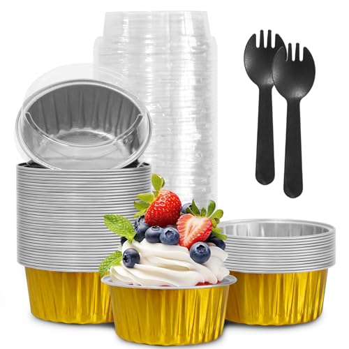 Graduation Party 50Pcs Mini Aluminum Foil Cupcake,5oz Baking Cups with Lids - color: Gold