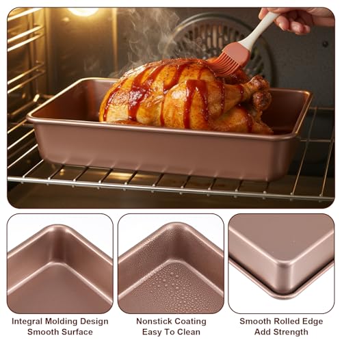 3 Pack Gold Rectangle Deep Baking Pans Set for Oven Heavy Duty Nonstick Cake Pans Baking Oven Tray for Cookie Brownie Cake Bread, 11x9x2 & 8.6x6.6 Inches, Easy Clean