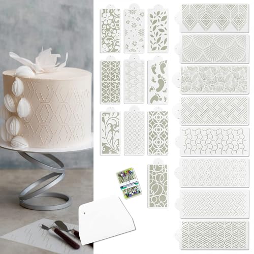 Cake Stencils - Cookie Stencils for Royal Icing, Templates for Buttercream Decorating, Baking Stencil, Mesh Reusable Spray Fondant Cookies, Paiting (18xDesigns with Scraper and 50xPins)