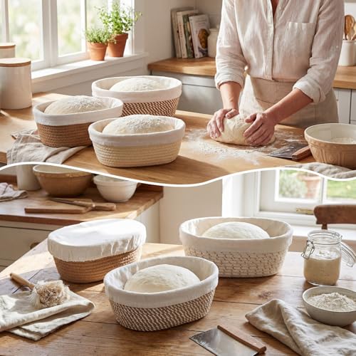 4 Pcs 10 Inch Cotton Rope Banneton Bread Proofing Basket Set Oval Banneton Basket Sourdough Bread with Liners Covers for Baking Supplies (Earth Tones) - color: Earth Tones, size: 10 Inch