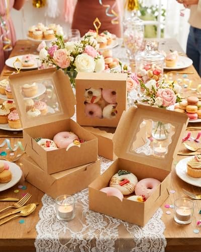 Bakepacker Kraft Bakery Boxes with Window 6x6x3 inches 60pcs - color: Brown, size: 6"*6"*3" / 60 Pcs