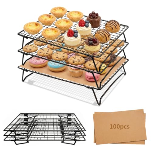 Cooling Racks For Cooking And Baking 3-Piece（13.3 x 9.3 Inch）Set Includes 120 Baking Mats Comes With A Folding rack Suitable For Cookies, Cakes, Pizza, Bread