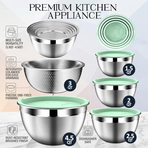 DUTZUN Mixing Bowls with Lids Set, Stainless Steel Mixing Bowl Set with Colander, Strainer with Bowls - Pistachio - size: 9PCS Green
