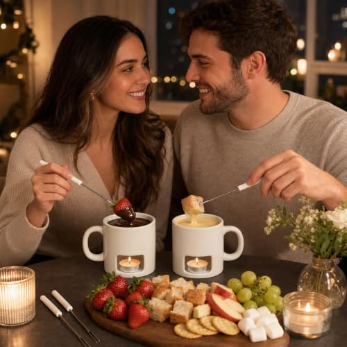 2-Pack Ceramic Fondue Cheese Mugs, 4 Forks & 8 Candles, White - color: White, size: 2 Pack