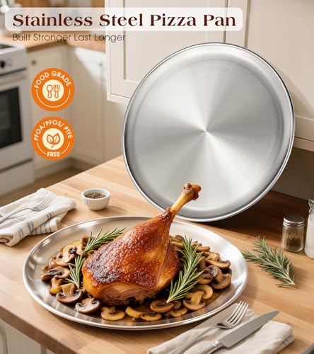 13½ Inch Stainless Steel Pizza Pan Set of 2, Pizza Pan for Oven, Steel Pizza Tray for Baking Cookie Pie Cake, Round Stainless Steel Pizza Plate Pizza Baking Sheet, Easy Clean & Dishwasher Safe - size: Set of 2（13.5 inch）