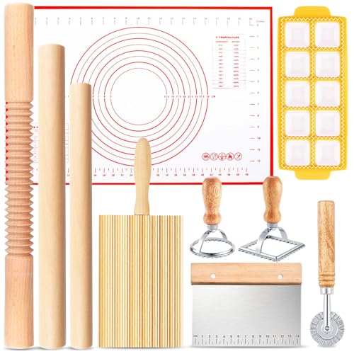 Pasta Making Tools, 10 Piece Wood Pasta Making Kit with 3 Rolling Pins, 1 Gnocchi Board, 1 Dough Cutter, 1 Ravioli Cutter, 1 Ravioli Maker, 2 Pasta Stamps, 1 Baking Mat, Ravioli Pasta Set for Kitchen - color: 10 Piece