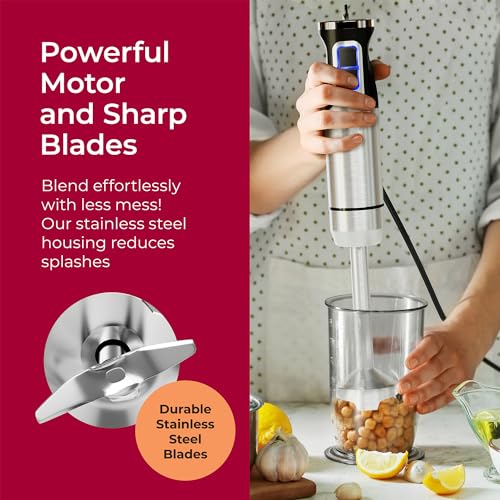 MuellerLiving Ultra-Stick Immersion Hand Blender, 500W Heavy Duty Motor, 8-Speed Turbo Setting, Includes Blending Shaft, Whisk, Milk Frother & Measuring Beaker - size: Blender Stick with 3 Accessories