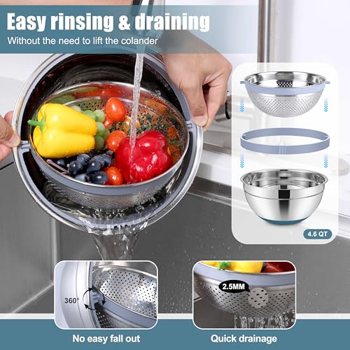 E-far Stainless Steel Mixing Bowls with Lids & Colander, 15PCS - color: Blue