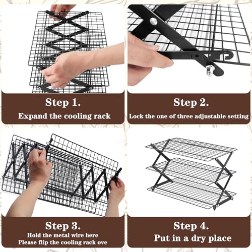 Pleafind 3 Tier Collapsible Cooling Rack - 3 Setting Design, Adjustable ＆ Stackable Baking Rack, 5 Modes Cooling Racks for Cooking and Baking, Roasting ＆ Grilling Gifts for Picnic Party
