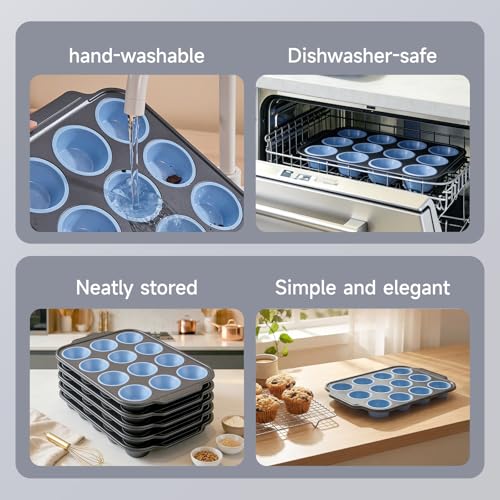 Boyun Silicone Muffin Pan for Baking,No-Spill Easy-Transfer Design,Reinforced Steel Frame, Non-Stick & Dishwasher Safe,12-Cup Regular Size Muffin & Cupcake Pan Bakeware for Oven (Blue 2pcs) - size: 2pcs