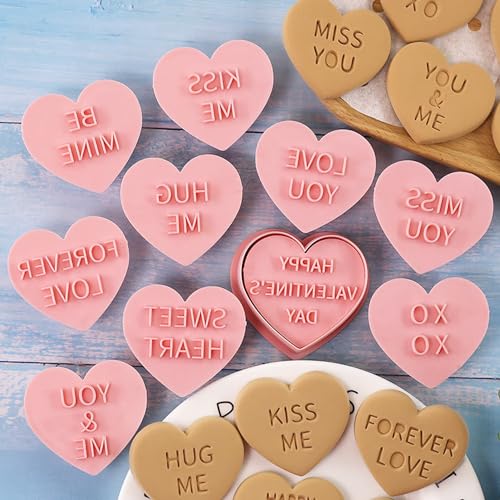 Heart Cookie Cutter Set, 10 Pcs 3D Pressable Biscuit Cutter and Stamps, Valentine's Day Cookie Molds Wedding Party DIY Cake Decorating Kit (B10) - color: B10