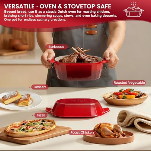 Enameled Cast Iron Dutch Oven for Bread Baking – 3QT Oval Round Heavy Duty Bread Pan with Lid, Non-Stick Ceramic Coating,Loaf Cast Iron Bread Oven for Sourdough, Baking, Roasting, Braising, Stovetop & Oven Safe - color: Red