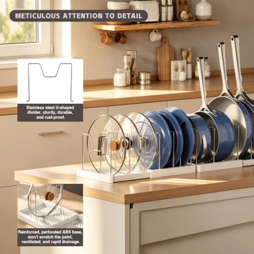 Magheo 2 Pack Expandable Food Storage Container Lid Organizers, 31.3" Pots and Pans Organizer Under Cabinet with 12 Adjustable Dividers Pot and Pan Lid Holders Rack Inside Cabinet(White) - color: White, size: (2 Pack)31.3"D x 7.9"W x 5.9"H