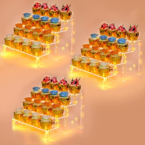 YestBuy Display Shelf Cake Stand – 4 Tier Shelf Cake Pop Stand – Multifunctional and Durable Acrylic Stand – Mounting Hardware Included – Ideal for Desserts, Cosmetics, Glassware, Figurines - color: Clear（Yellow Light）, size: 4 Tier - 3 Pack
