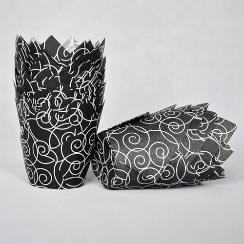 QLSmypkg Muffin Greaseproof paper Baking cupcake cups, 2"(Bottom diameter) x 3-1/2"(Height) Black Fancy Floral Print Tulip Baking Cup Case of 125 pcs (125, Standard) - color: Black Fancy Floral Print