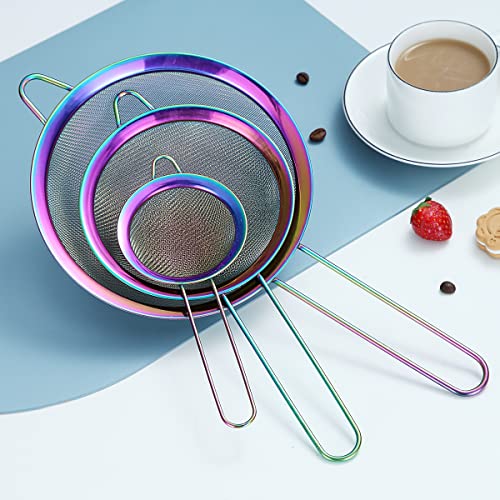Kyraton Rainbow Fine Mesh Strainer 3 Pieces Set, Copper Flour Sifter For Baking, Stainless Steel Clander, Matcha Tea Strainer, Gravy Separator, Stasher Sieve Pasta Strainers - color: Rainbow