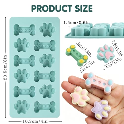 2Pack Dog Treat Molds Silicone, 24 Cavity Puppy Paw & Bone Shaped - color: Pink+Blue