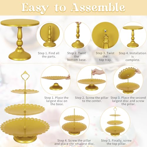 Fivenl 8 Pcs Cake Stand Gold Metal Dessert Table Display Set, 3-Tier Cupcake Stand, Cake Display Tower and Cookie Tray Rack Serving Tray for Birthday Party, Weddings, Baby Shower (Gold) - color: Gold
