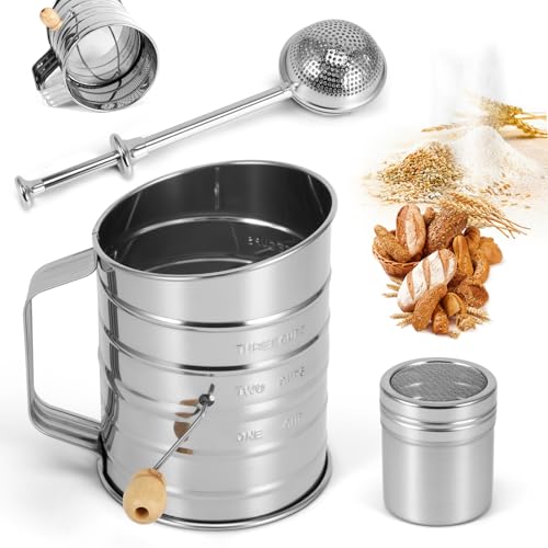 Flour Sifter, 3 in 1 Stainless Steel Sifter for Baking, 3 Cup Duster