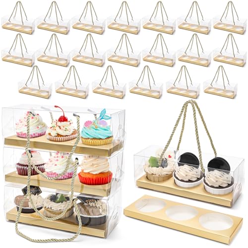 Coloch 24 Pack Gold Clear Cupcake Box with Handle, 9 x 3 x 3 In 3 Count Plastic Cupcake Container Baked Dessert Box, for Cupcake, Dessert, Muffins, Party, Wedding