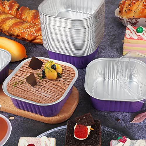 50 Pcs Aluminum Foil Baking Cups with Lids 10 oz Square Baking Cups Disposable Ramekins with Lids for Flans Snacks Pudding Pan Tin Wedding Catering Party Favor (Purple) - color: Purple