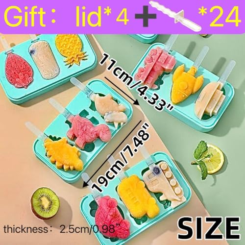 4PCS Dinosaur Popsicle Molds, Cute Silicone Kids Ice Cream Molds - color: 4 PCS（fruit*1+dinosaur*1+airplane*1+car*1)