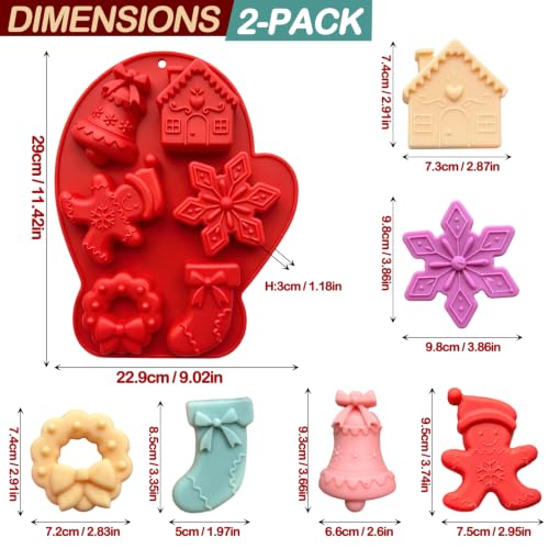 2 Pack Large Christmas Silicone Molds, Holiday Baking Molds for Chocolate Gingerbread Man House Bell Snowflake Wreath Stocking Silicone Mold for Candle Soap Mini Cake Jelly Ice Cube Xmas DIY Crafts - color: Red