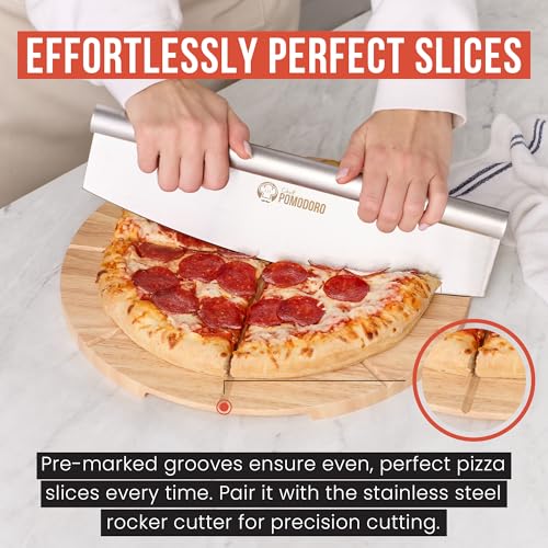 Chef Pomodoro Stainless 14 inch Pizza Cutting Board, Pizza Cutter Combo Set