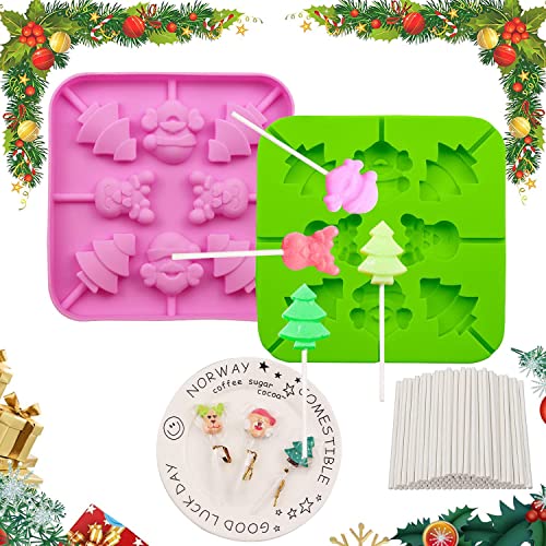 2Pcs Christmas Candy Molds Silicone Lollipop Molds Chocolate Lollypop Sucker Mold elk Santa Claus Christmas tree Reusable Food Grade Silicone Molds for Halloween Christmas Parties（Pink Green）