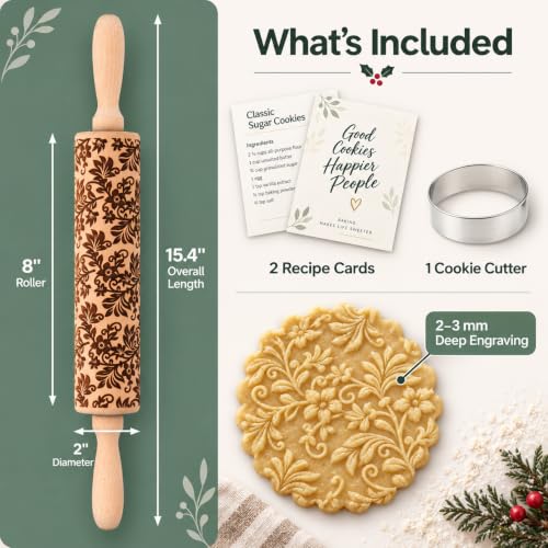 Floral Vine Embossed Rolling Pins for Cookies, Wooden Engraved Rolling Pins for Baking, Embossing Rolling Pins with Designs, Patterned Rolling Pin Decorative Springerle Mold Stamp Clay Pattern Roller - color: Floral Vine